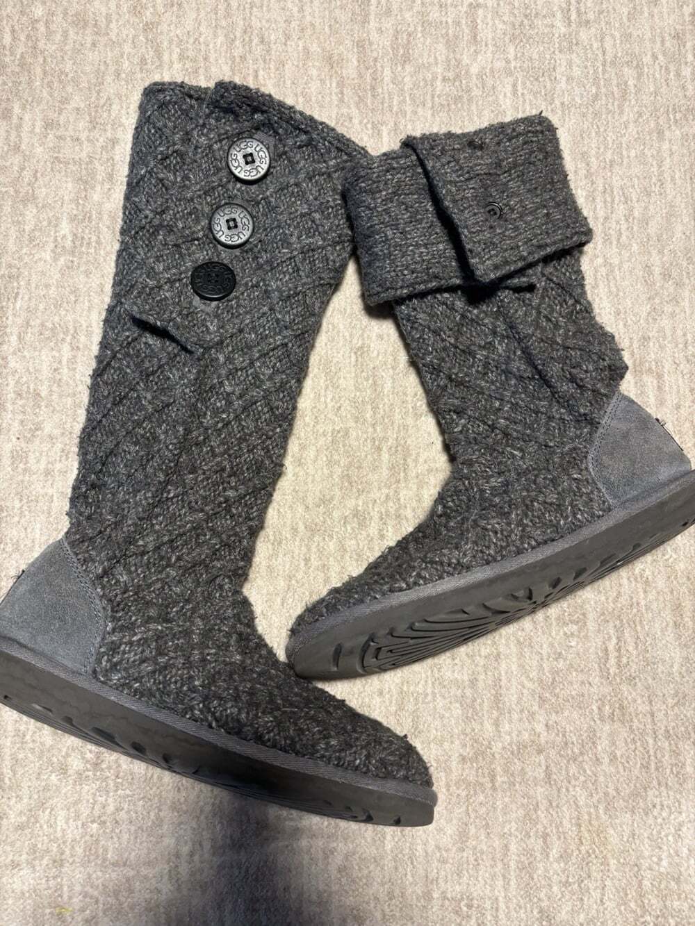 UGG Classic Cardy Charcoal Gray Sweater Knit Tall Winter Boots Sz 8